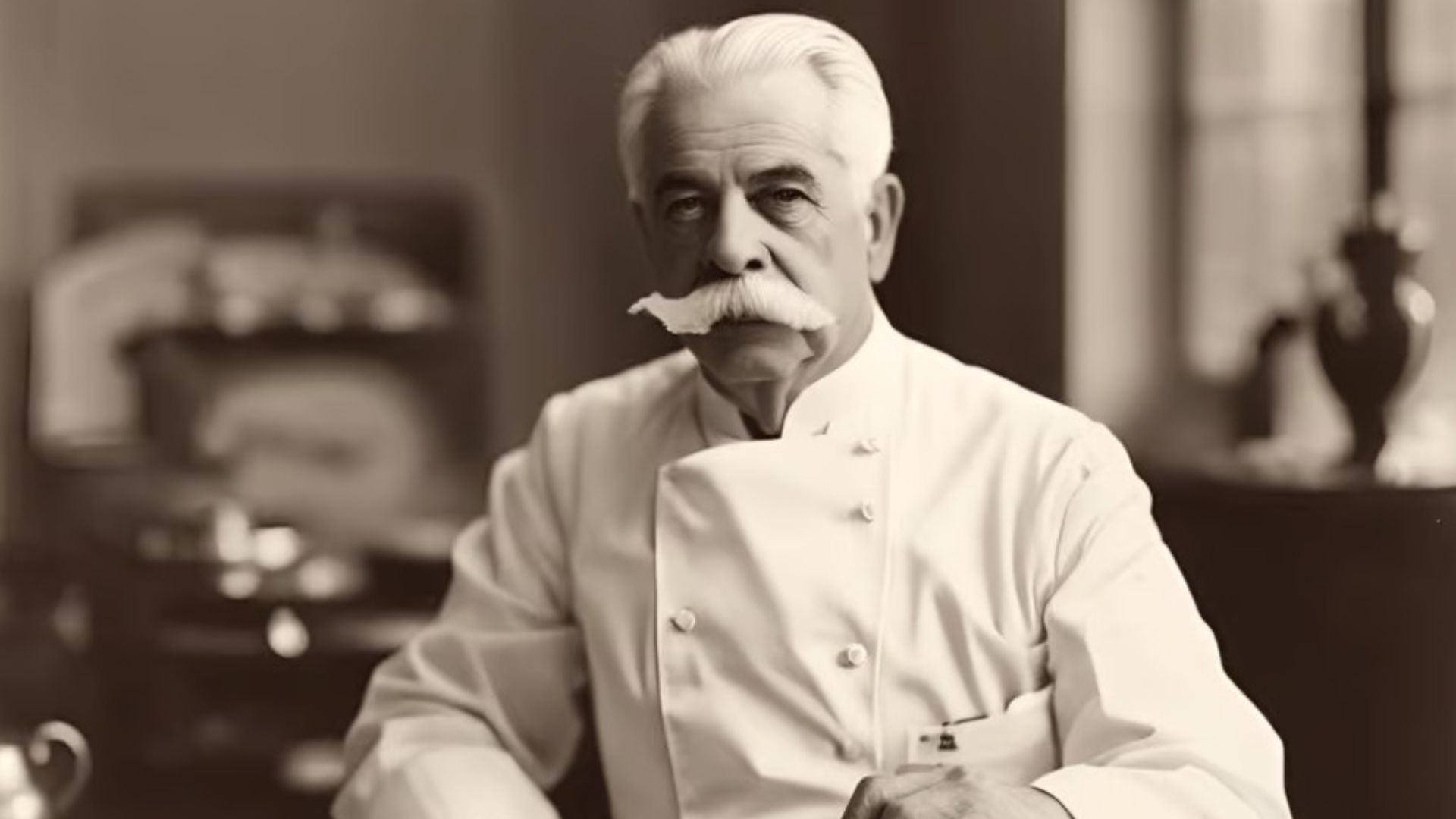 A sepia-toned portrait of Auguste Escoffier, wearing a traditional white chef’s uniform, with a distinguished mustache and a thoughtful expression.
