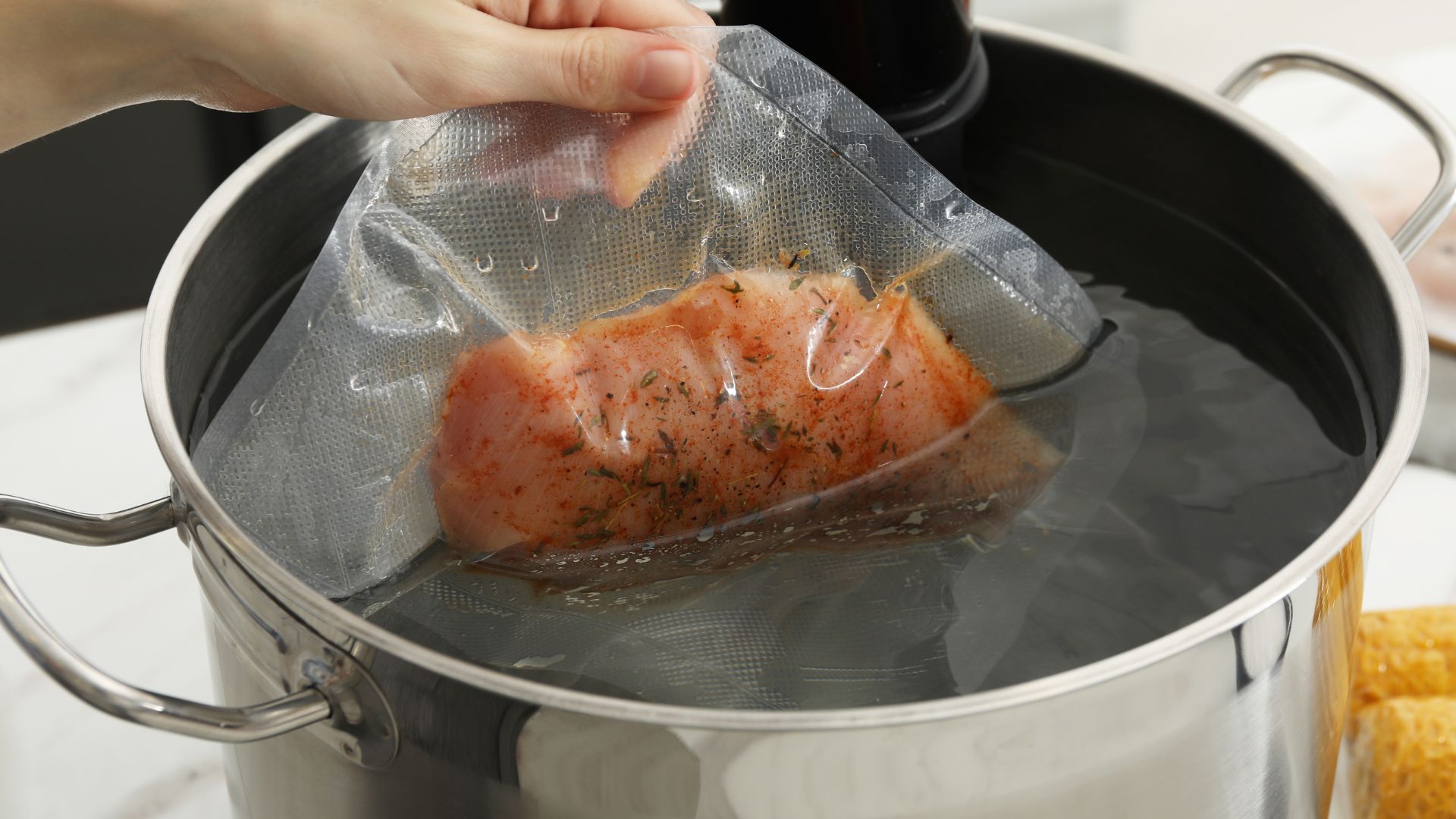 A vacuum-sealed pork loin roast being submerged in a sous vide water bath.